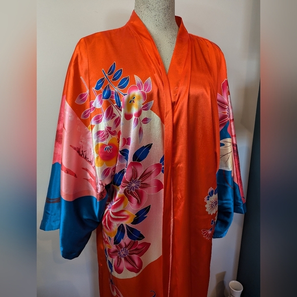Vintage Floral Kimono in orange teal blue and pink One size fits most - Picture 9 of 16
